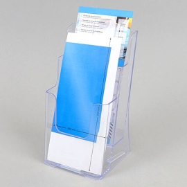 Porta brochure da tavolo, formato lungo verticale, 2 scomparti, trasparente  