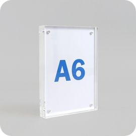Espositore con base a T per A6, magnetico, formato verticale, acrilico, trasparente 