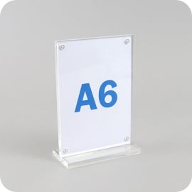 Espositore con base a T per A6, magnetico, con base, formato verticale, acrilico, trasparente 