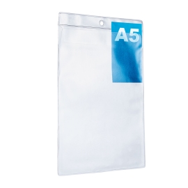Tasche trasparenti da appendere A5 verticale, con patta di chiusura e foro rotondo 