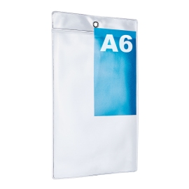 Tasche trasparenti da appendere A6 verticale, bordo con occhiello di metallo 