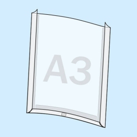 Buste per cartelloni, PVC rigido A3 formato verticale | parte anteriore aperta con porta penna, con 3 strisce adesive ad alte prestazioni (supporto in PET) sul retro