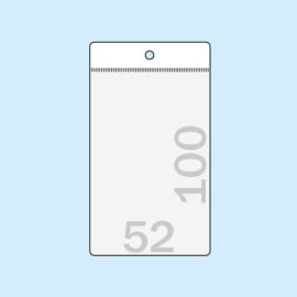 Tasche trasparenti da appendere per etichetta energetica, 52 x 100 mm, bordo con foro rotondo 