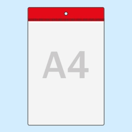 Tasche trasparenti da appendere A4 verticale, bordo rosso con foro rotondo 