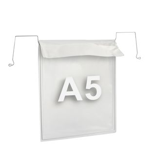 Buste con gancio metallico per formato A5, lato stretto aperto, con patta 