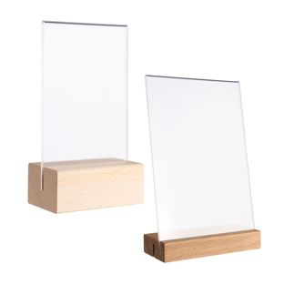 Espositore da tavolo MODUL, tasca in vetro acrilico con base in legno 