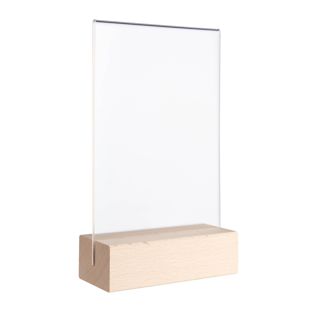 Espositore da tavolo MODUL, tasca in vetro acrilico con base in legno A6  | Faggio  | base in legno con fessura di inserimento diritta 