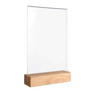 Espositore da tavolo MODUL, tasca in vetro acrilico con base in legno A5  | Rovere  | base in legno con fessura di inserimento diritta 