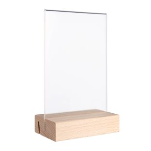 Espositore da tavolo MODUL, tasca in vetro acrilico con base in legno A6  | Faggio  | base in legno con fessura di inserimento diritta e obliqua 
