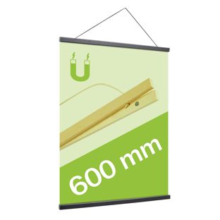 Profilo porta poster in legno, con cordino da appendere e attacco magnetico 600 mm | nero 