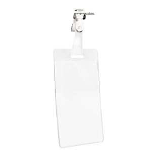 Buste portabadge con clip, per formato carta di credito, formato verticale 