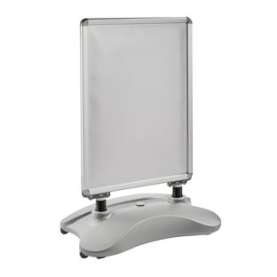 Cavalletto pubblicitario A1 STORM-STOP Lite con serbatoio d’acqua, antivento, profilo di 32 mm, angoli arrotondati argento 