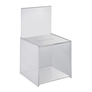 Scatola Per Donazioni In Acrilico Trasparente Con Serratura E 2 Chiavi - 16x12x10 Cm - Con Supporto E 3 Adesivi Intercambiabili - Ideale Per Voti, Concorsi, Mance, Raccolta Fondi
