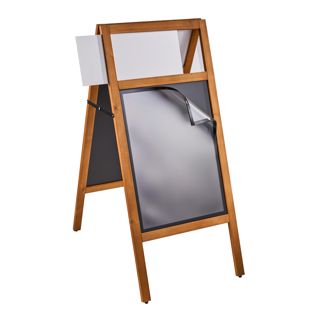 Cavalletto pubblicitario legno COMBI PLUS A2, con lavagna da gesso e cornice magnetica, aspetto legno 