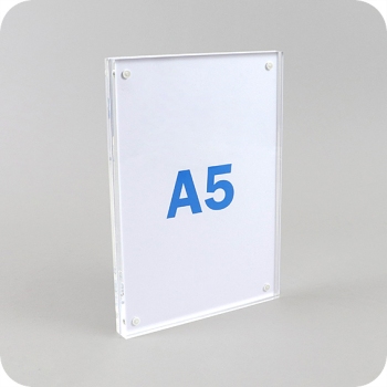 Espositore con base a T per A5, magnetico, formato verticale, acrilico, trasparente 