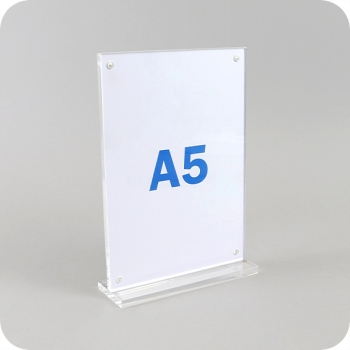 Espositore con base a T per A5, magnetico, con base, formato verticale, acrilico, trasparente 