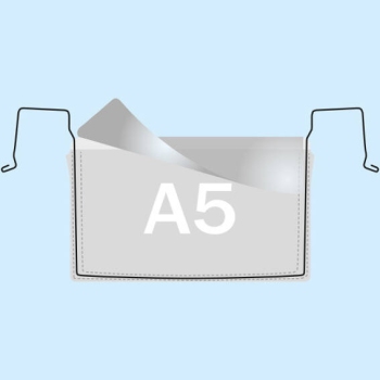 Buste con gancio metallico per formato A5, lato lungo aperto, con patta 