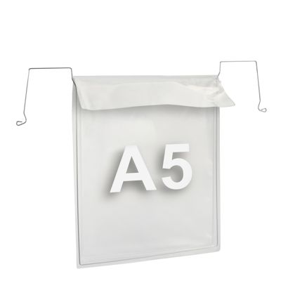 Buste con gancio metallico per formato A5, lato stretto aperto, con patta 