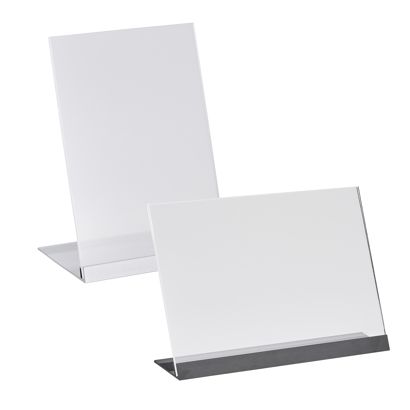 Porta avvisi da banco a L in acrilico con base in alluminio 