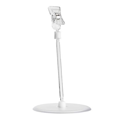 Clip porta prezzo con pinza piccola e base a disco (Ø 90 mm), 10 cm di estensione, trasparente 