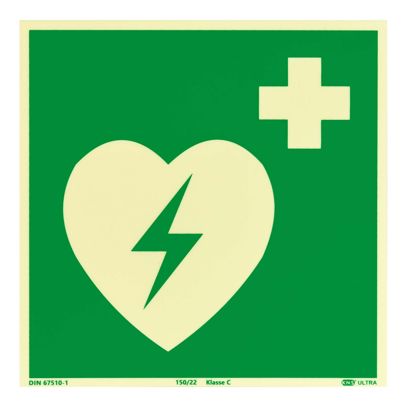 Cartello Defibrillatore, fotoluminescente, plastica, ISO 7010 200 x 200 mm