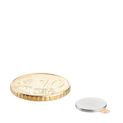 Disco magnetico al neodimio, autoadesivo, superfici adesiva al Polo Sud, 10 mm x 1  mm, N35 