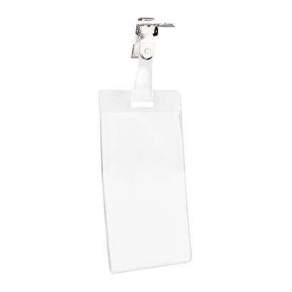 Buste portabadge con clip, per formato carta di credito, formato verticale 