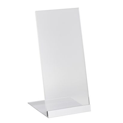 Porta avvisi da banco a L in acrilico con base in alluminio 1/3 A4 (100 x 210 mm)  | trasparente|argento 