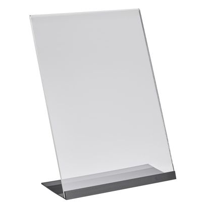 Porta avvisi da banco a L in acrilico con base in alluminio A4  | trasparente|nero 