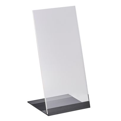 Porta avvisi da banco a L in acrilico con base in alluminio 1/3 A4 (100 x 210 mm)  | trasparente|nero 