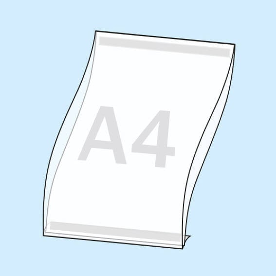 A4 formato verticale, con 2 strisce adesive ad alte prestazioni (supporto  in PET) sul retro Buste trasparenti apribili, PVC rigido