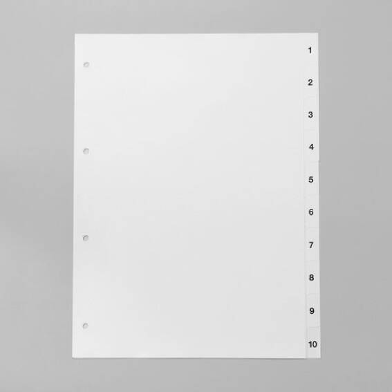 Divisori per raccoglitori formato A4, 10 parti (1-10), bianco (1 set)